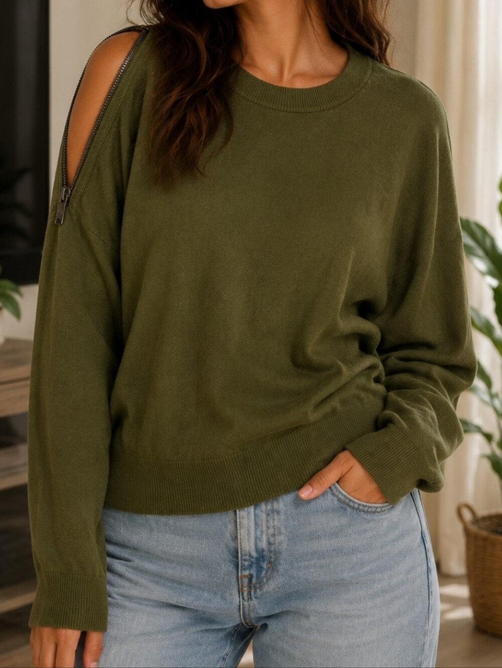 DKNY Cold Shoulder Zip Olive Green Women's Sweater